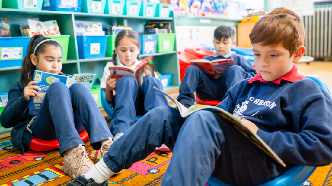 Two female and two male elementary students sit on comfy chairs near the floor reading books.